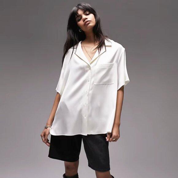 Topshop Tops - Topshop | Ivory Satin Button-Up Shirt | Size US 2